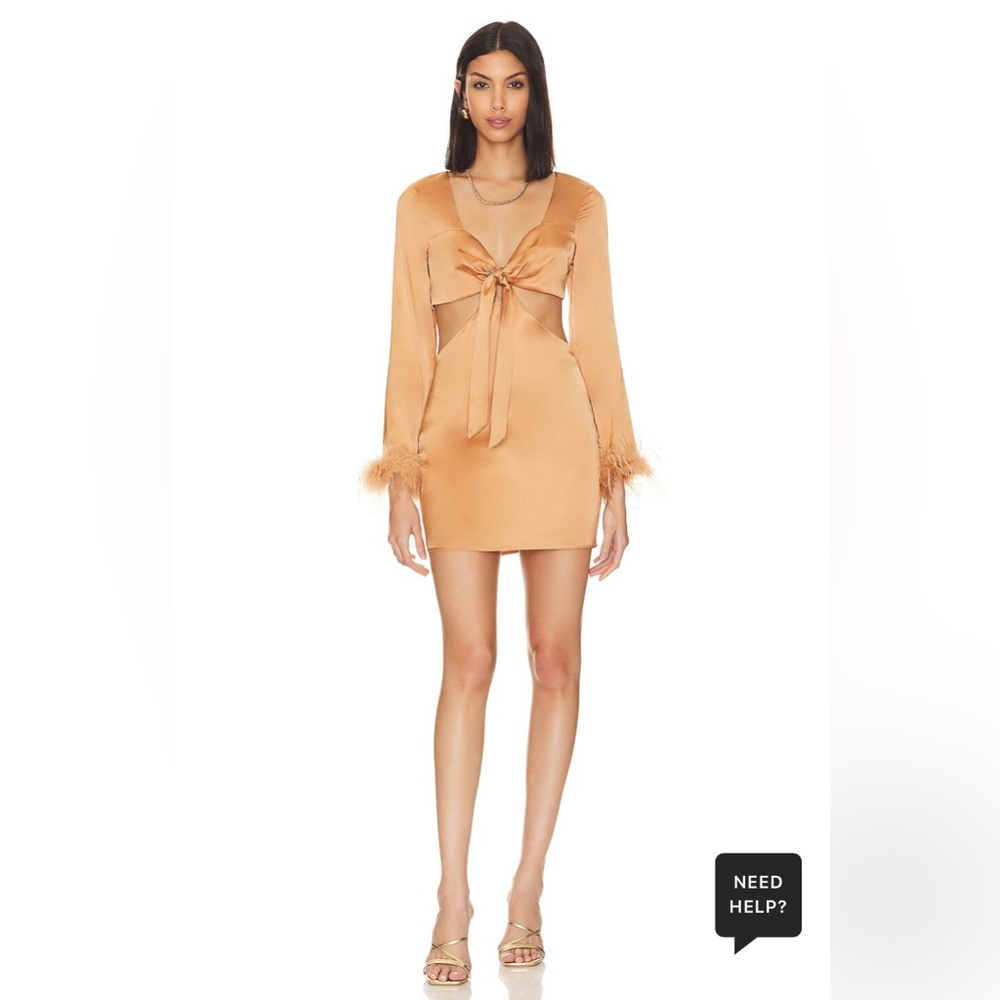 Camila Coelho gold mini cocktail dress with feather cuff trim. Size small.